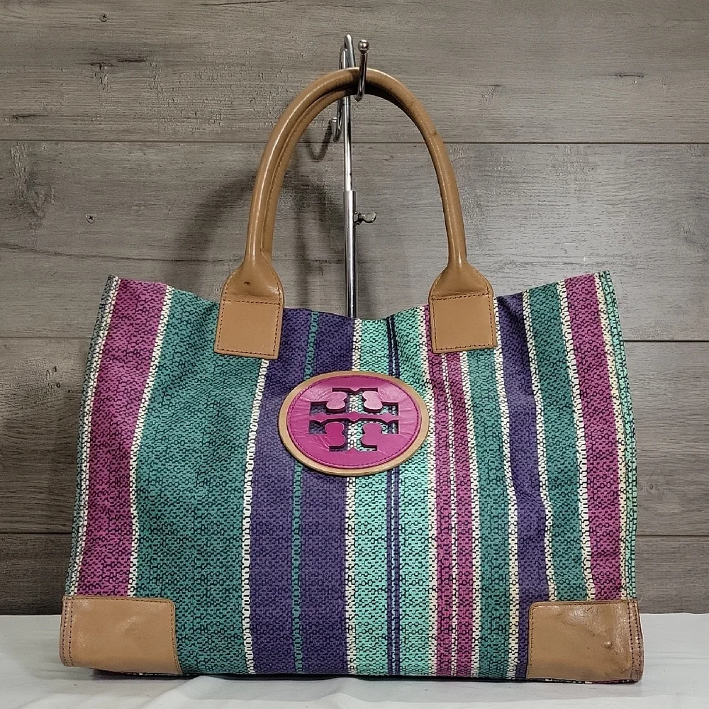 Tory Burch Ella Purple and Green Striped Tote Bag